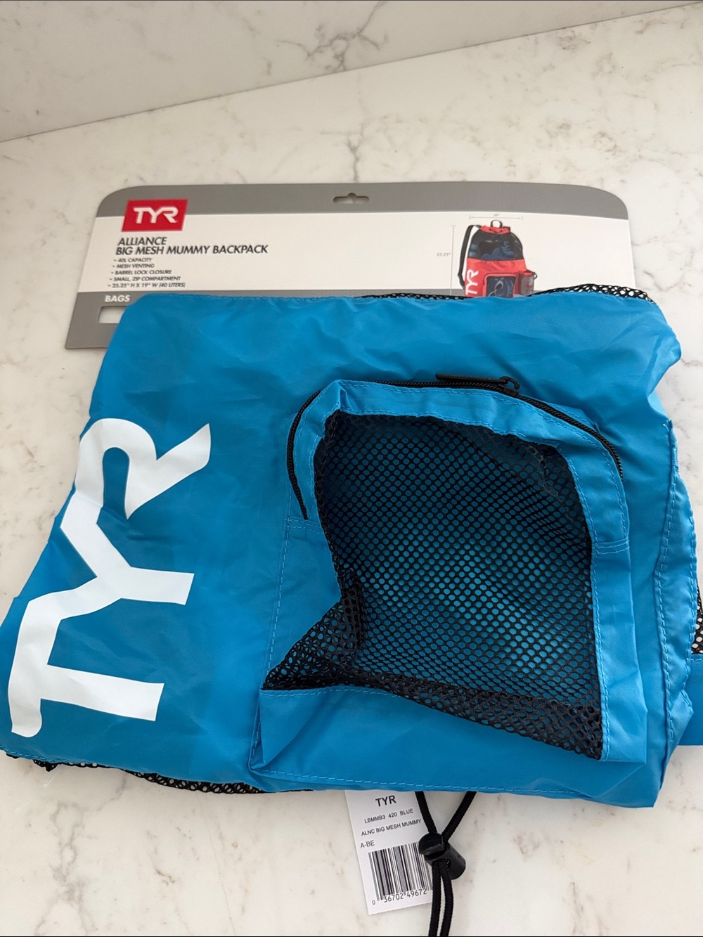 TYR Bright Blue Mesh Swim Backpack with Black Mesh Pocket